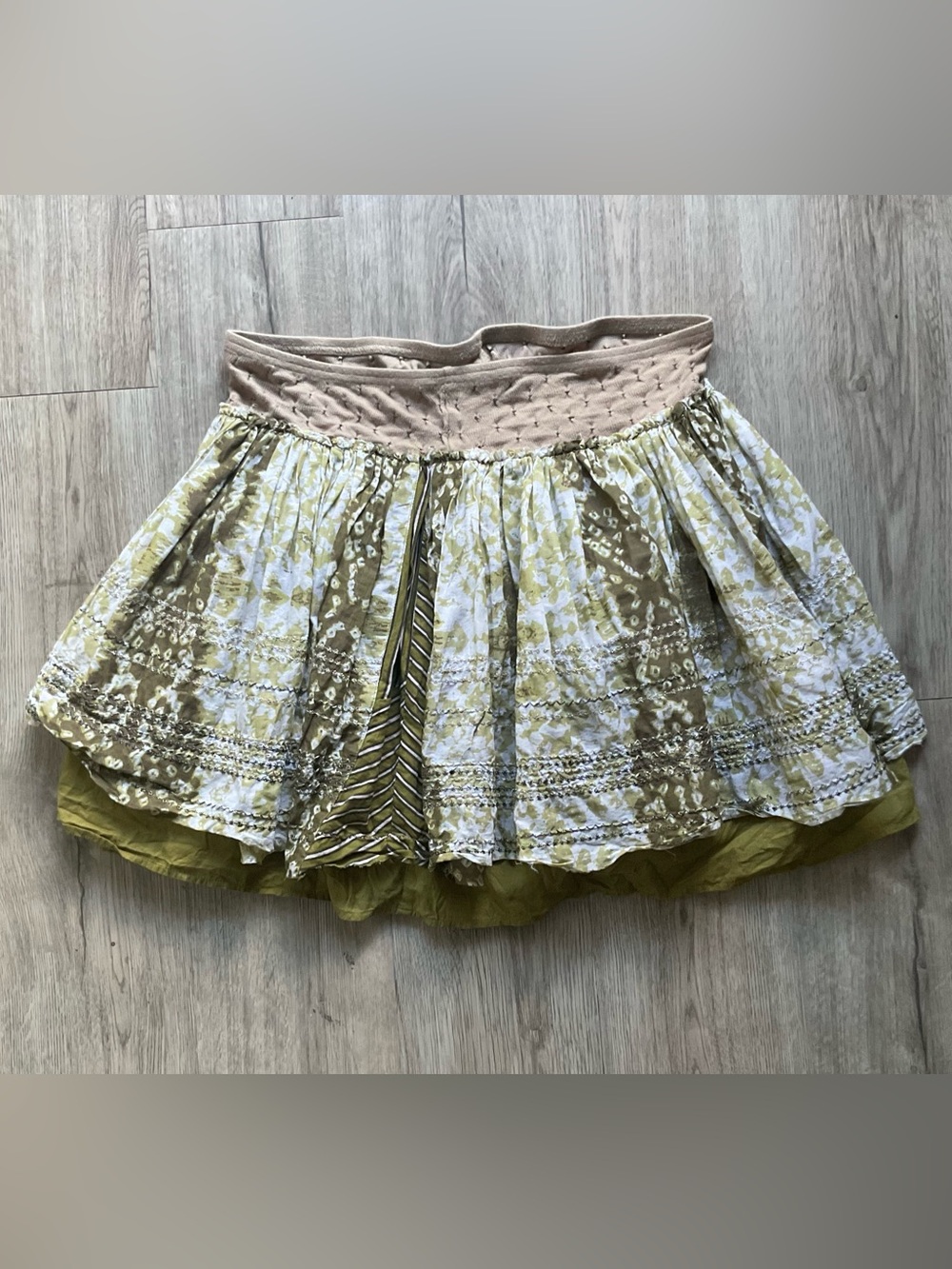 Free People Boho Green Metallic Layered Mini Skirt Size 8